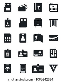Set of vector isolated black icon - credit card vector, identity, medical calendar, sd, sim, archive box, wine, pass, pennon