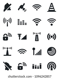 Set of vector isolated black icon - antenna vector, border cone, radar, satellite, equalizer, wireless, mute, cellular signal, lock