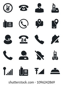 Set of vector isolated black icon - no mobile vector, office phone, 24 hours, support, tracking, radio, call, mute, cellular signal, reception