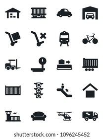 Set of vector isolated black icon - baggage conveyor vector, train, escalator, waiting area, fork loader, helicopter, airport building, bike, railroad, traffic light, truck trailer, cargo container
