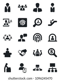 Set of vector isolated black icon - escalator vector, baby room, reception, team, patient, client, speaker, fingerprint id, hr, meeting, search, waiter, handshake, money, hierarchy