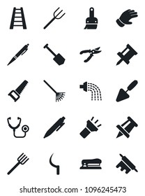 Set of vector isolated black icon - pen vector, drawing pin, job, trowel, farm fork, rake, ladder, watering, pruner, glove, saw, sickle, stethoscope, themes, torch, stapler, rolling