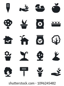 Set of vector isolated black icon - flower in pot vector, seedling, tree, sproute, plant label, fertilizer, fruit, salad, apple, eco house, palm