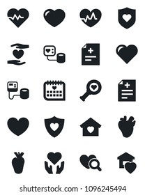 Set of vector isolated black icon - heart vector, pulse, diagnosis, blood pressure, diagnostic, shield, hand, real, medical calendar, sweet home