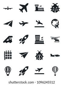 Set of vector isolated black icon - plane vector, departure, arrival, ladder car, helicopter, seat map, globe, airport building, lady bug, rocket, paper, air balloon