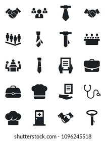 Set of vector isolated black icon - medical room vector, handshake, team, tie, document, stethoscope, meeting, cook hat, case