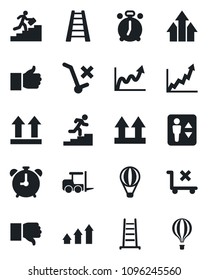 Set of vector isolated black icon - elevator vector, alarm clock, fork loader, ladder, up side sign, no trolley, finger, down, career, arrow graph, growth, air balloon