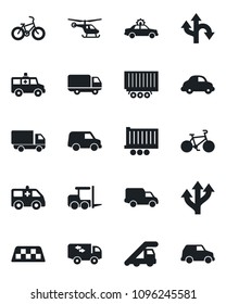 Set of vector isolated black icon - taxi vector, alarm car, fork loader, ladder, helicopter, ambulance, bike, route, truck trailer, delivery, moving
