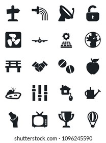 Set of vector isolated black icon - satellite antenna vector, plane, watering can, bench, pills, joint, earth, tv, settings, handshake, pond, sun panel, lock, apple fruit, home control, fan