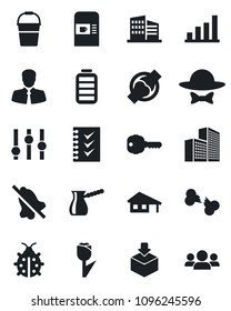 Set of vector isolated black icon - coffee machine vector, bucket, lady bug, joint, broken bone, client, tulip, package, settings, battery, mute, office building, bar graph, checklist, key, turkish
