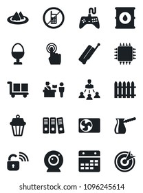Set of vector isolated black icon - suitcase vector, passport control, no mobile, fence, cargo, oil barrel, gamepad, touch screen, calendar, paper binder, hierarchy, air conditioner, serviette, chip