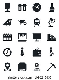 Set of vector isolated black icon - train vector, ladder car, tie, calendar, wheelbarrow, fragile, hdmi, themes, scanner, place tag, presentation board, pie graph, desk lamp, sun panel, water filter