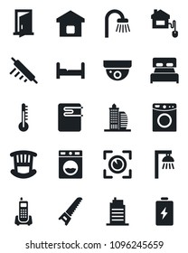Set of vector isolated black icon - saw vector, office phone, building, bedroom, children room, bathroom, smart home, city house, rolling pin, control, water heater, washer, thermometer, eye scan