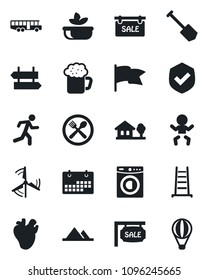 Set of vector isolated black icon - airport bus vector, signpost, baby, job, ladder, run, real heart, shield, calendar, house with tree, windmill, mountains, sale, washer, cafe, beer, salad, flag