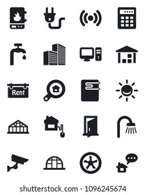 Set of vector isolated black icon - greenhouse vector, warehouse, office building, water supply, rent, estate search, bathroom, home control, power plug, fan, heater, wireless, pc, door, alarm led
