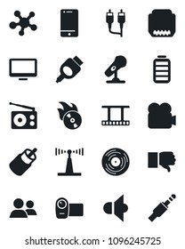 Set of vector isolated black icon - film frame vector, vinyl, flame disk, microphone, radio, antenna, speaker, video camera, cell phone, monitor, share, group, finger down, battery, rca, hdmi