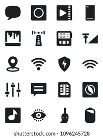 Set of vector isolated black icon - antenna vector, phone back, message, protect, tuning, themes, stopwatch, record, scanner, sim, wireless, place tag, compass, eye id, music, video, cellular signal