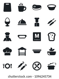 Set of vector isolated black icon - cook vector, dish, cafe, hat, menu, coffee, salad, egg stand, bread, alcove, steak, kebab, hot dog, bowl, cutting board, steaming pan