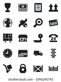 Set of vector isolated black icon - earth vector, store, satellite, cash, traffic light, 24 hours, car delivery, clock, term, container, consolidated cargo, clipboard, fragile, up side sign, heavy