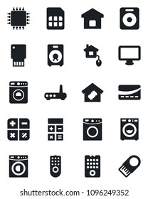 Set of vector isolated black icon - washer vector, calculator, monitor, speaker, sim, smart home, credit card, control, chip, remote, router, usb flash