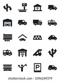 Set of vector isolated black icon - dispatcher vector, taxi, parking, ladder car, ambulance, route, railroad, truck trailer, delivery, heavy scales, garage, gate control