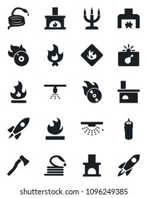 Set of vector isolated black icon - bomb in case vector, fire, hose, axe, fireplace, flammable, flame disk, candle, sprinkler, rocket