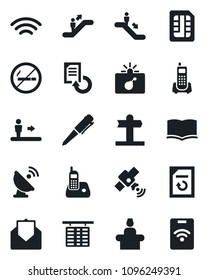 Set of vector isolated black icon - escalator vector, no smoking, bomb in case, reception, flight table, book, pen, document reload, signpost, office phone, satellite antenna, radio, mail, sim