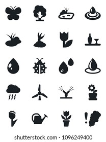 Set of vector isolated black icon - storm cloud vector, flower in pot, tree, watering can, sproute, butterfly, lady bug, water drop, pond, tulip, windmill, alcohol, irrigation, smoke detector