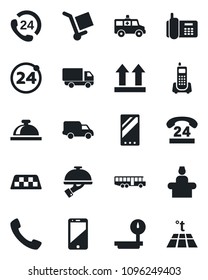 Set of vector isolated black icon - taxi vector, airport bus, 24 around, reception bell, ambulance car, office phone, hours, delivery, cargo, up side sign, heavy scales, cell, mobile, call, waiter