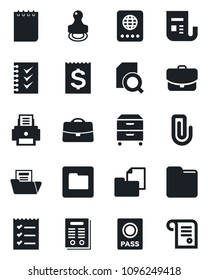 Set of vector isolated black icon - passport vector, notepad, receipt, folder document, news, case, paper clip, search, checklist, printer, archive box, contract, stamp