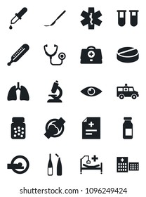 Set of vector isolated black icon - doctor case vector, diagnosis, stethoscope, blood test vial, dropper, thermometer, microscope, pills, bottle, ampoule, scalpel, tomography, ambulance star, car