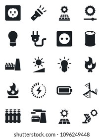 Set of vector isolated black icon - bulb vector, factory, fire, oil barrel, torch, brightness, battery, charge, sun panel, windmill, socket, power plug, radiator