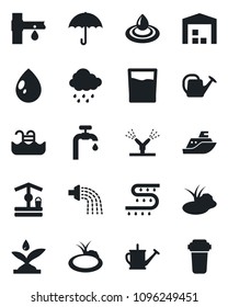 Set of vector isolated black icon - watering can vector, water drop, rain, well, pond, drip irrigation, sea shipping, umbrella, pool, supply, warehouse, drink, filter