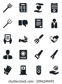 Set of vector isolated black icon - passport vector, medical room, document, garden fork, farm, glove, saw, heart hand, client, finger down, contract, waiter, remote control, palm sproute, handshake