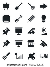 Set of vector isolated black icon - right arrow vector, ladder car, presentation board, drawing pin, bulb, garden fork, shovel, rake, well, satellite, hdmi, brightness, cellular signal, pencil, pc
