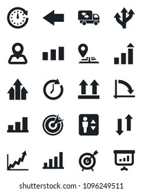Set of vector isolated black icon - elevator vector, left arrow, growth statistic, crisis graph, route, navigation, up side sign, sorting, data exchange, bar, moving, target, clock, presentation