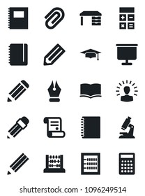 Set of vector isolated black icon - book vector, calculator, graduate, abacus, desk, notepad, pencil, contract, microscope, copybook, presentation board, paper clip, ink pen, shining head