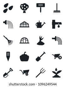 Set of vector isolated black icon - shovel vector, farm fork, rake, watering can, wheelbarrow, sproute, plant label, pumpkin, greenhouse, seeds, drip irrigation, fruit tree