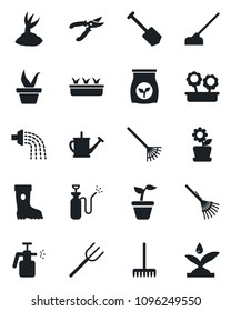 Set of vector isolated black icon - job vector, farm fork, rake, seedling, watering can, sproute, pruner, boot, hoe, garden sprayer, fertilizer, flower in pot, irrigation