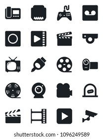 Set of vector isolated black icon - ticket office vector, clapboard, film frame, reel, gamepad, video camera, play button, hdmi, record, tv, web, intercome, surveillance