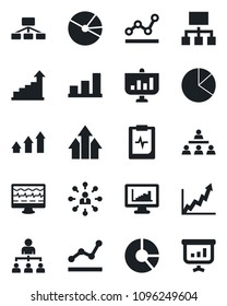 Set of vector isolated black icon - growth statistic vector, hierarchy, circle chart, monitor pulse, clipboard, statistics, bar graph, pie, point, arrow up, presentation