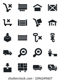 Set of vector isolated black icon - truck trailer vector, cargo container, car delivery, sea port, consolidated, warehouse storage, no trolley, hook, package, search, moving