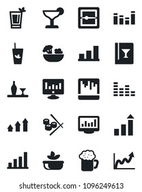 Set of vector isolated black icon - growth statistic vector, monitor, equalizer, scanner, statistics, bar graph, alcohol, wine card, cocktail, phyto, beer, salad, sushi, arrow up