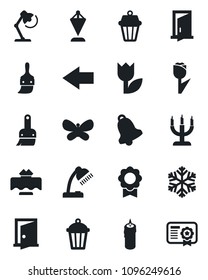 Set of vector isolated black icon - left arrow vector, pennant, butterfly, garden light, tulip, themes, bell, sertificate, desk lamp, restaurant table, candle, snowflake, outdoor, door, certificate