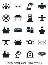 Set of vector isolated black icon - cafe vector, reception, medical room, desk, manager place, picnic table, lamp, meeting, restaurant, reserved