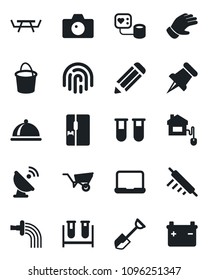 Set of vector isolated black icon - camera vector, pencil, shovel, wheelbarrow, bucket, watering, glove, picnic table, blood pressure, test vial, satellite antenna, paper pin, fingerprint id, fridge