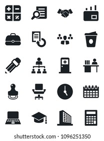 Set of vector isolated black icon - medical room vector, handshake, office building, hierarchy, calculator, document search, graduate, notebook pc, coffee, calendar, reload, clock, chair, pencil