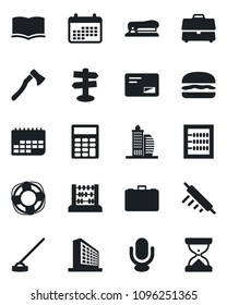 Set of vector isolated black icon - office building vector, book, case, abacus, hoe, axe, signpost, term, microphone, mail, calculator, stapler, hamburger, rolling pin, calendar, crisis management