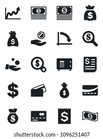 Set of vector isolated black icon - credit card vector, safe, dollar sign, money bag, crisis graph, cash, receipt, growth, search, investment