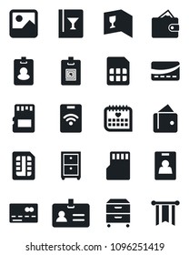 Set of vector isolated black icon - credit card vector, identity, medical calendar, gallery, sd, sim, archive box, wine, pass, wallet, pennon